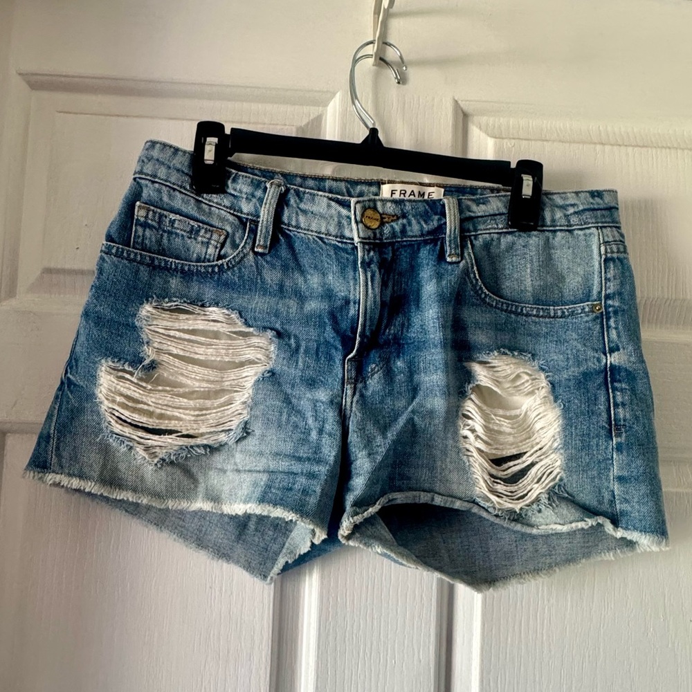 FRAME Le Cutoff Distressed Denim Blue Shorts